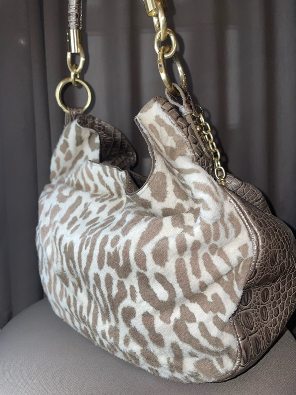 Brahmin Taupe & Cream Leopard Print Shoulder Bag with Gold Hardware